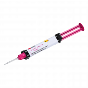 Pink, black, and white colored syringe labeled RubiX. Sharp needle top is exposed.